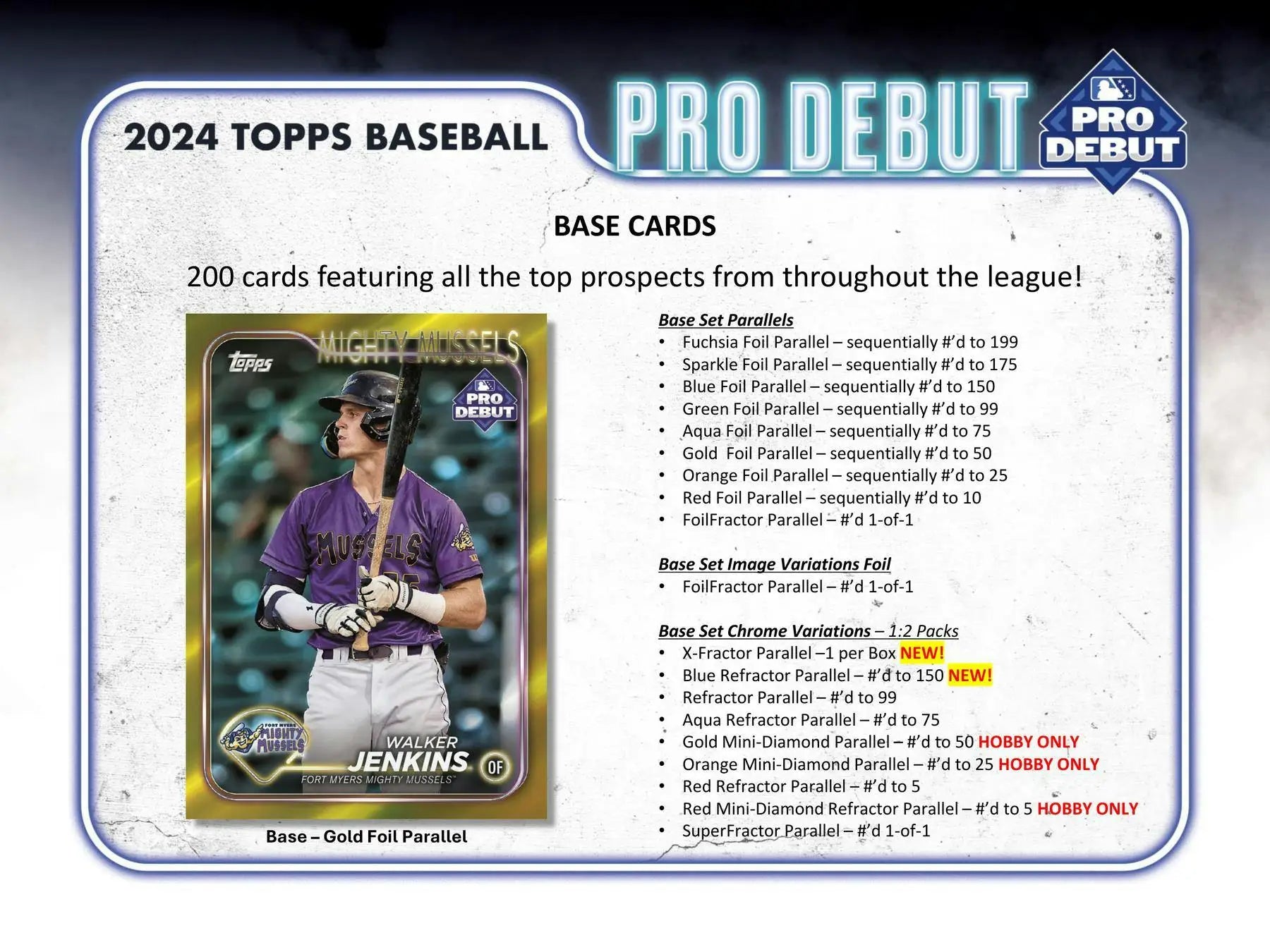 Product information card for 2024 Topps Pro Debut Baseball Hobby Box foil parallel details