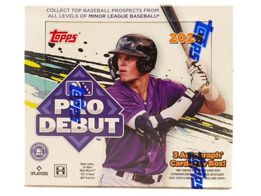 2024 Topps Pro Debut Baseball Hobby Jumbo Box with player in purple uniform bat at foil parallel