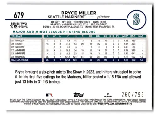 2024 Topps Purple Foil Bryce Miller baseball card featuring original gloss, Mariners