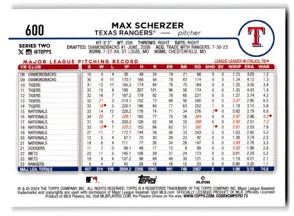 Max Scherzer 2024 Topps Rainbow Foil #600 baseball card with original gloss finish