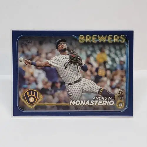 Baseball card of Monasterio in pinstriped uniform for Father’s Day Blue Brewers