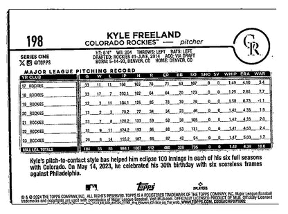 Kyle Freeland Baseball Card 2024 Topps Series 1 #198 with original gloss finish