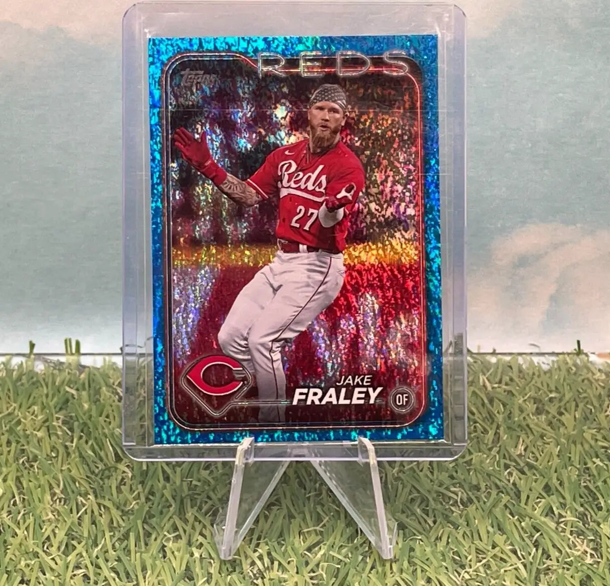 Jake Fraley Blue Shimmer baseball card from 2024 Topps Series 1 Cincinnati Reds