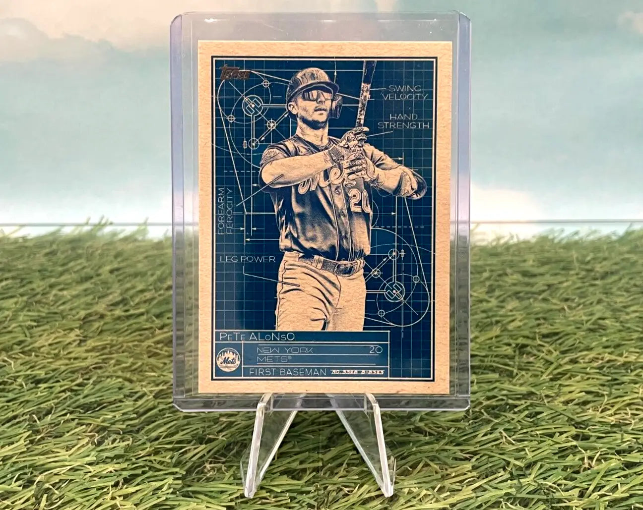 Baseball trading card of Pete Alonso in batting stance on Topps Series Superstar Blueprint design