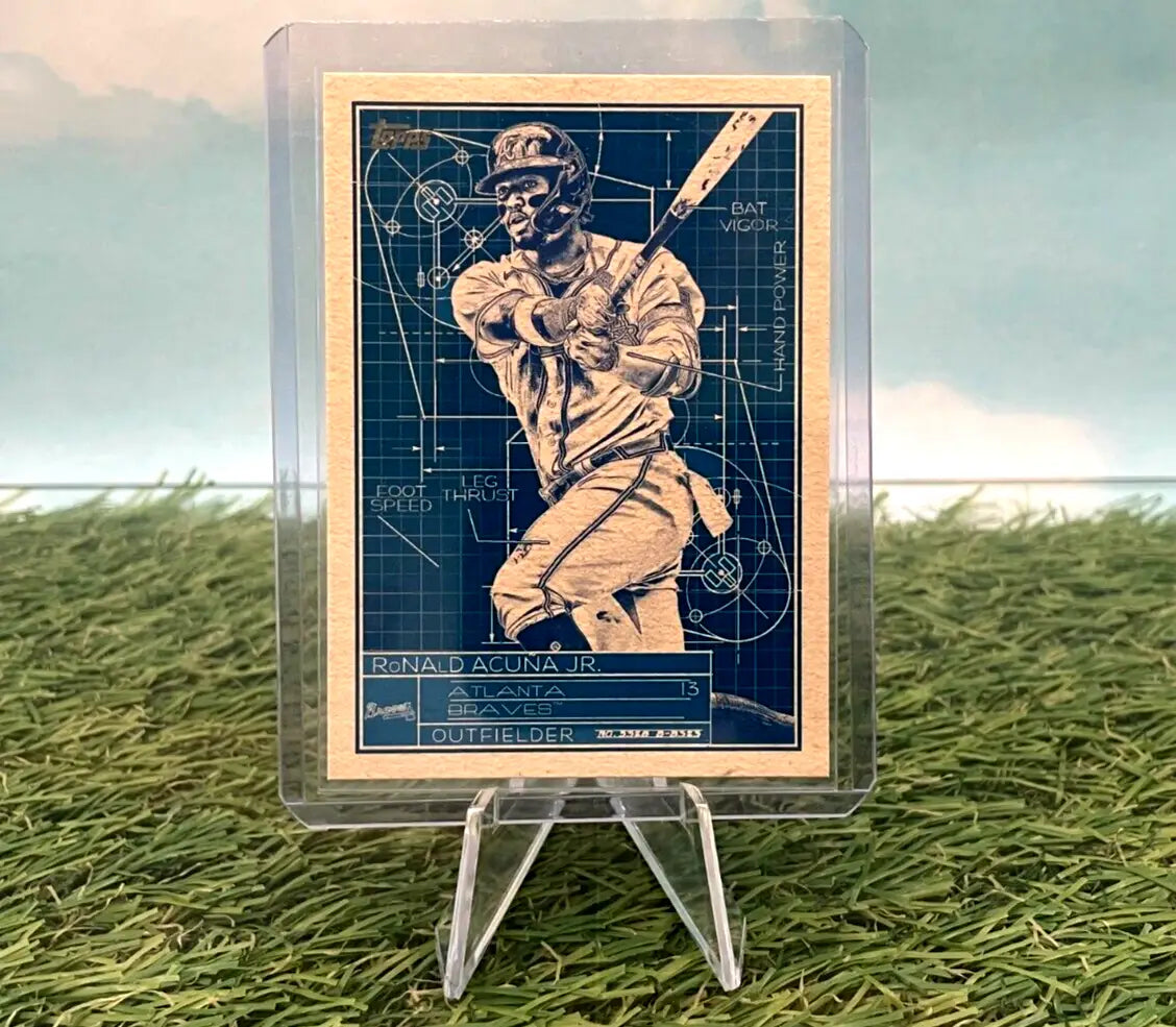 Baseball trading card featuring blueprint illustration of Ronald Acuna Jr. in batting stance