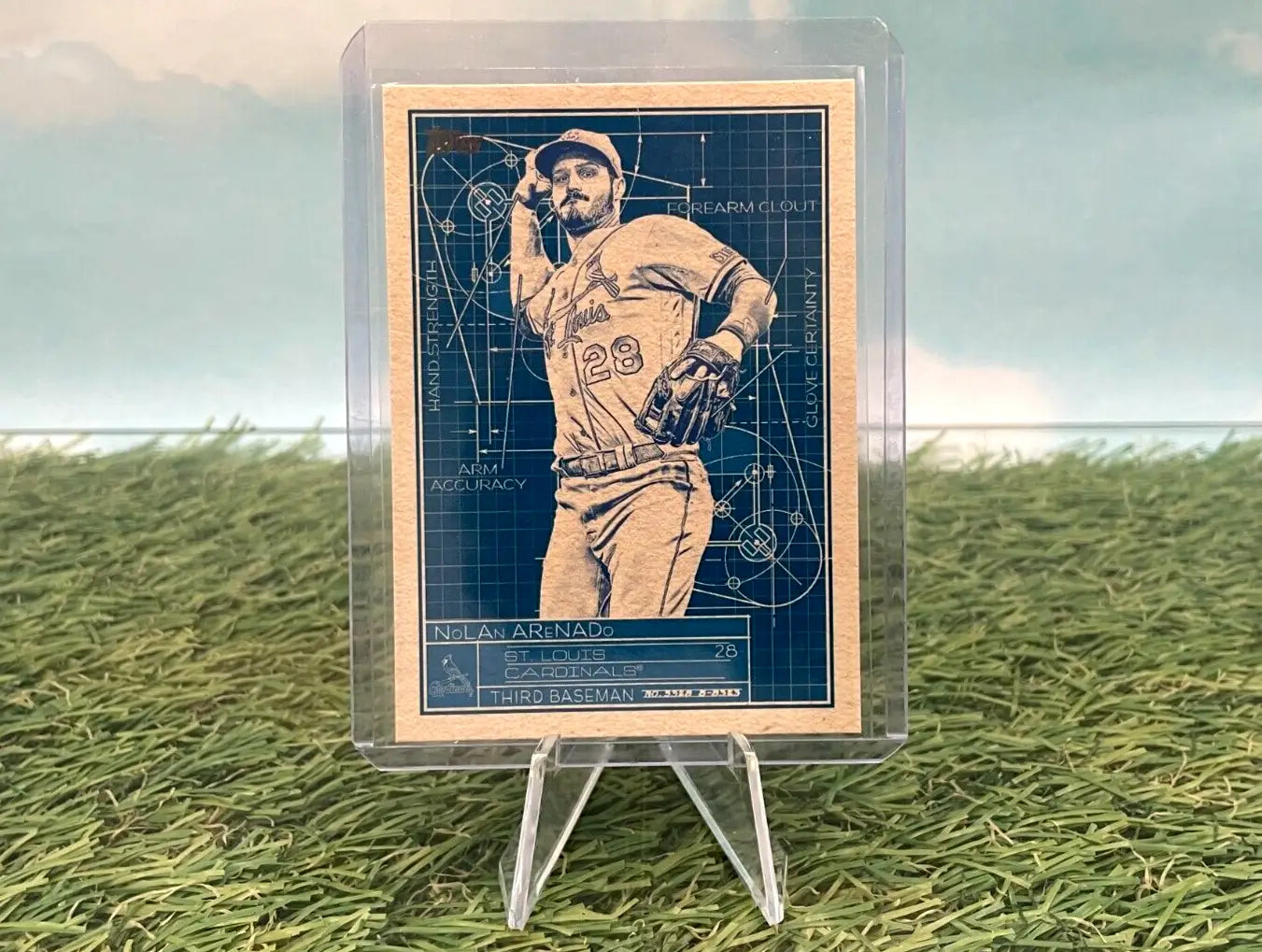 Nolan Arenado sports trading card in protective case displayed on stand, St. Louis Cardinals