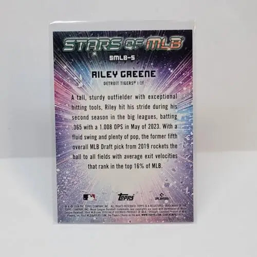 Baseball card of Riley Greene with cosmic design from Topps Series 1 Stars of MLB