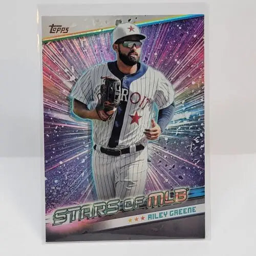 Baseball card of Riley Greene in pinstripe uniform from Topps Series 1 with starburst background