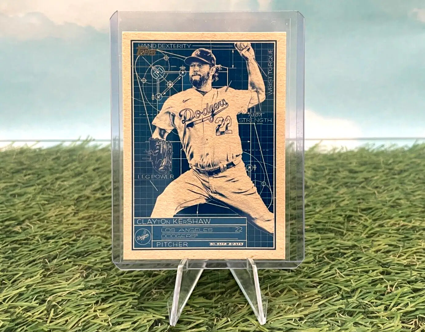 Baseball card of Clayton Kershaw in protective case from Topps Series 1