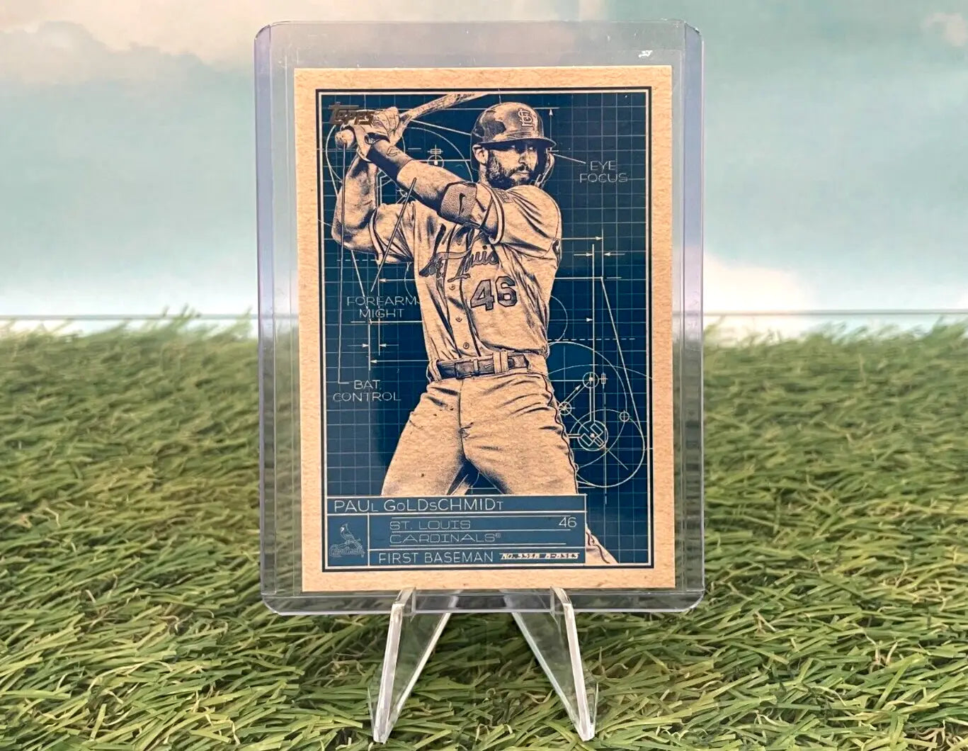 Baseball trading card of Paul Goldschmidt on blue technical drawing background, Topps Series