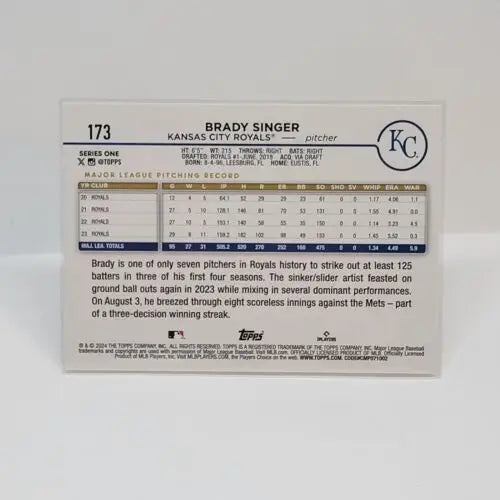 Baseball card featuring Brady Singer statistics from Topps Series 1 Yellow Border