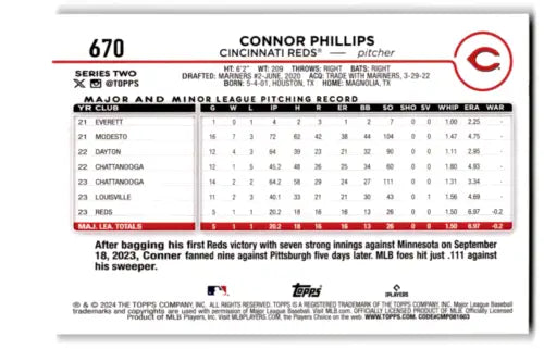 2024 Topps Series 2 Baseball #670 Connor Phillips RC Reds original gloss card