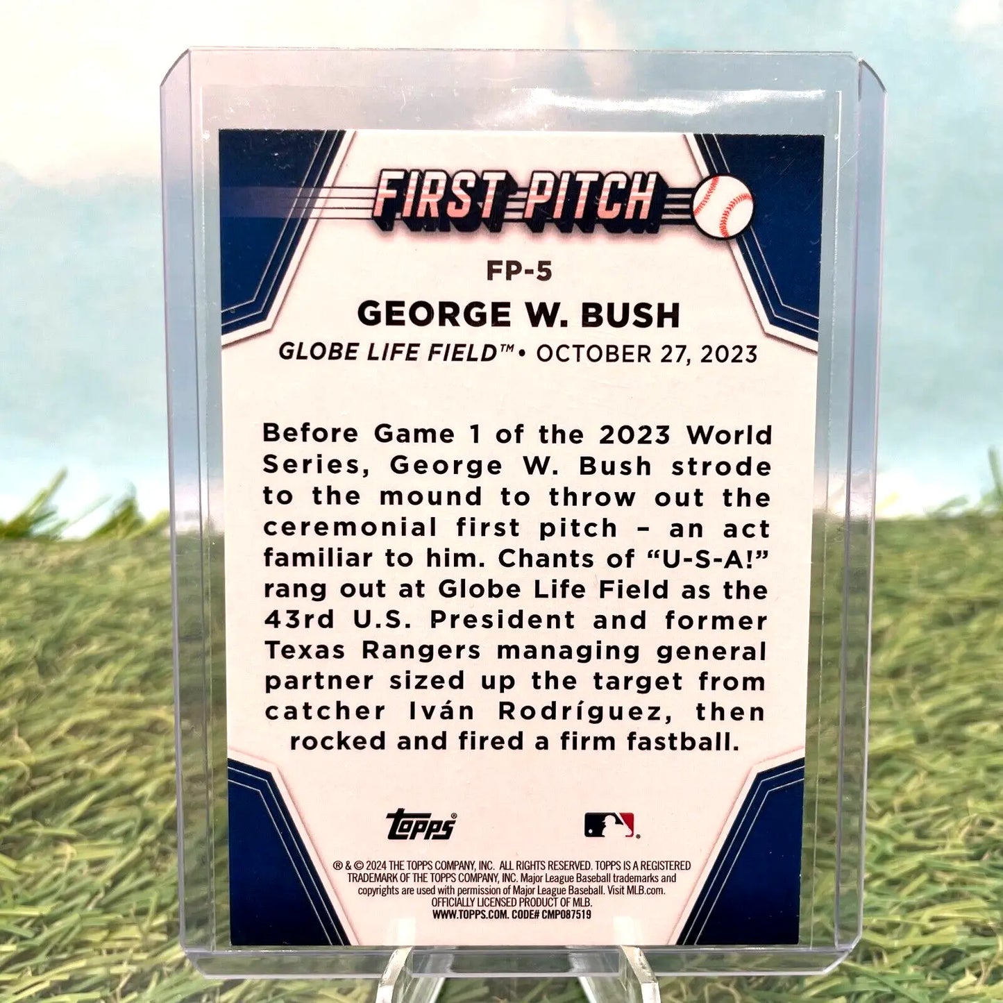 Baseball card of George W. Bush’s first pitch at Globe Life Field for Texas Rangers Topps Series