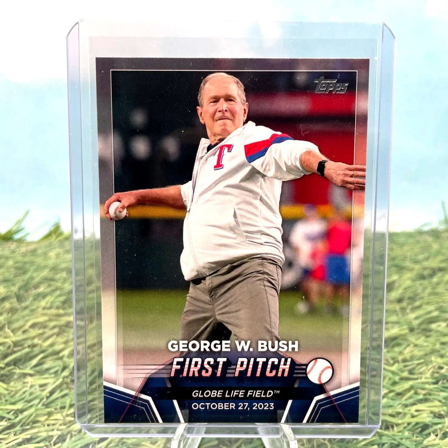 Baseball trading card of George W. Bush’s first pitch for Texas Rangers at Globe Life Field