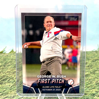 Baseball trading card of George W. Bush’s first pitch for Texas Rangers at Globe Life Field