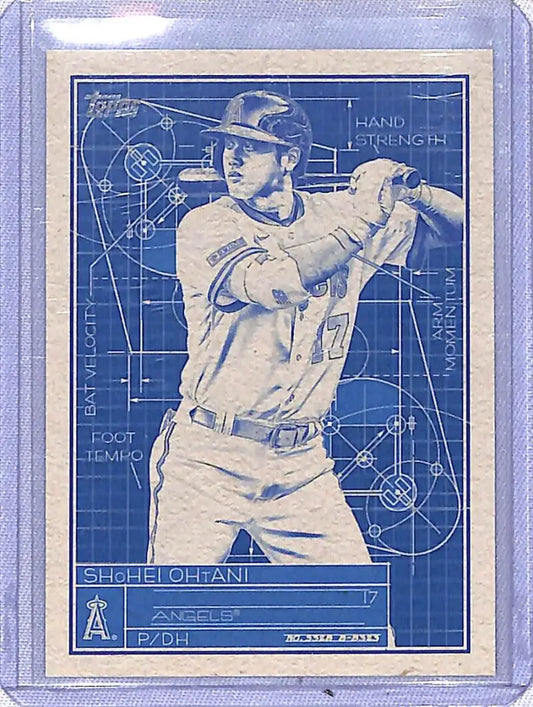 Blueprint-style Baseball card of Shohei Ohtani in Angels uniform from Topps Series SB-3