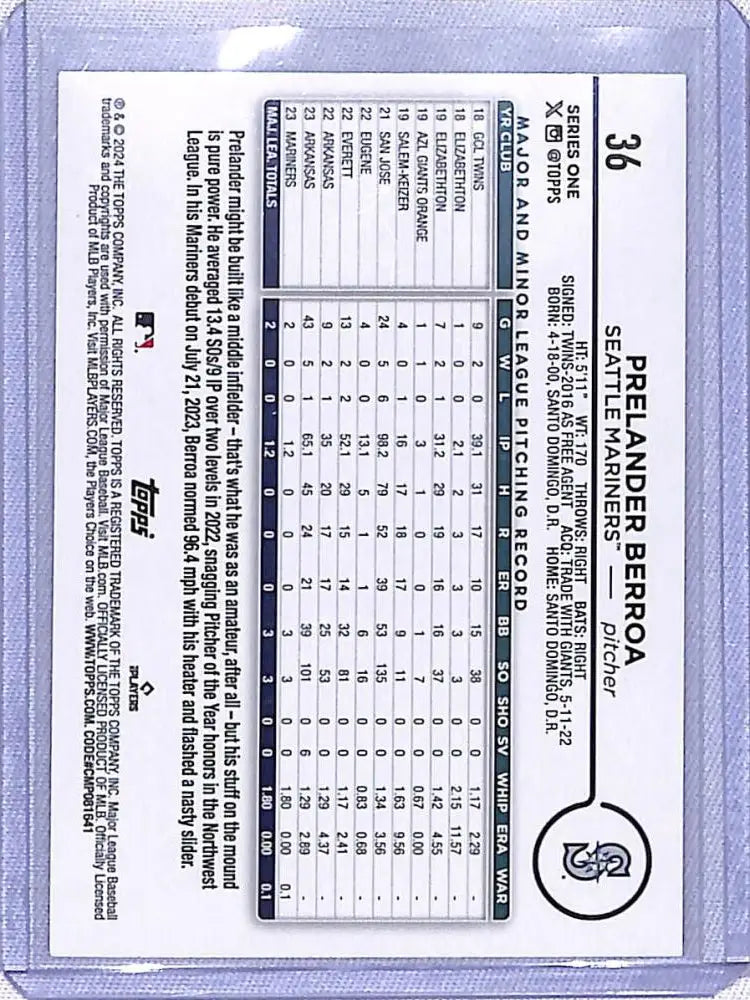 Scantron answer sheet displayed with 2024 Topps Series One Prelander Berroa, Seattle Mariners