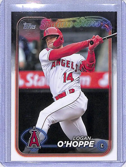 Logan O’Hoppe swinging bat in red uniform on 2024 Topps Series Future Stars card