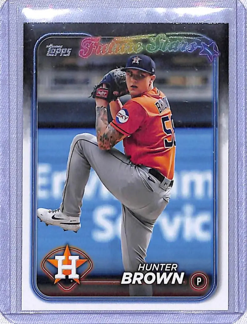 Baseball card of Hunter Brown, Houston Astros pitcher in red jersey mid-throw