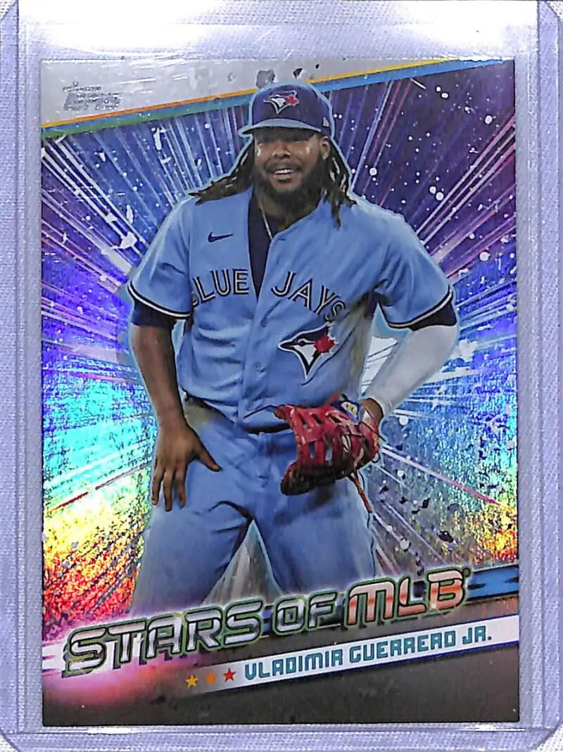 Holographic baseball card of Vladimir Guerrero Jr. in Toronto Blue Jays powder blue uniform