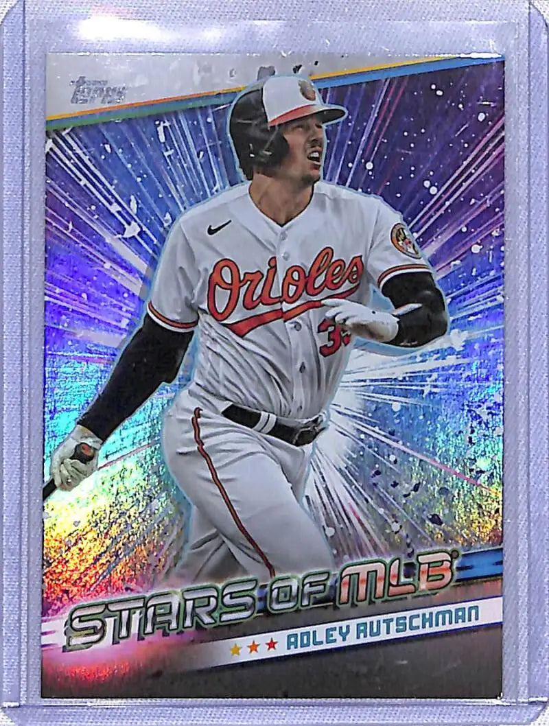 Holographic Adley Rutschman baseball card from Topps Series for Baltimore Orioles fans