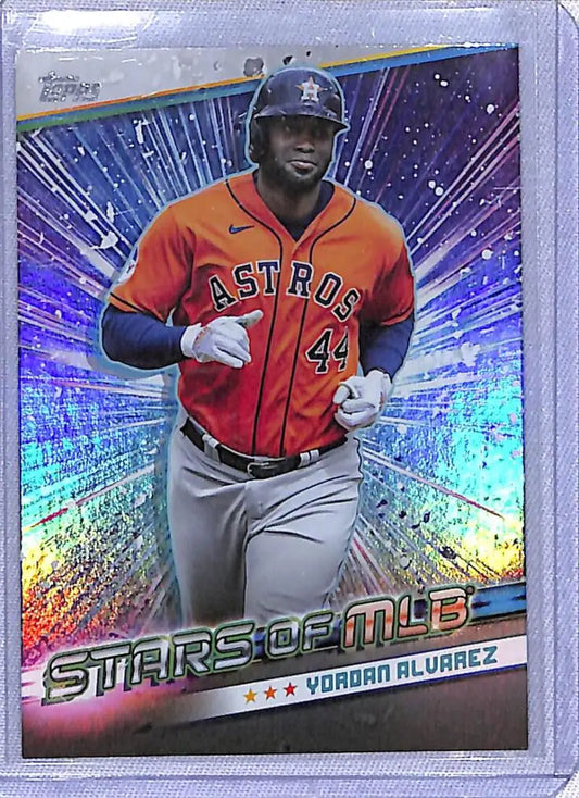 Holographic trading card of Yordan Alvarez in orange jersey, Topps Series One