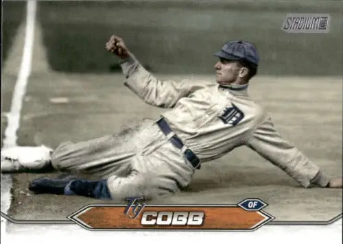 Baseball player sliding into base in vintage Detroit Tigers uniform from Topps Stadium Club