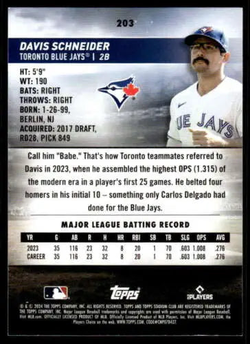 2024 Topps Stadium Club Davis Schneider NM-MT RC rookie Blue Jays baseball card original gloss