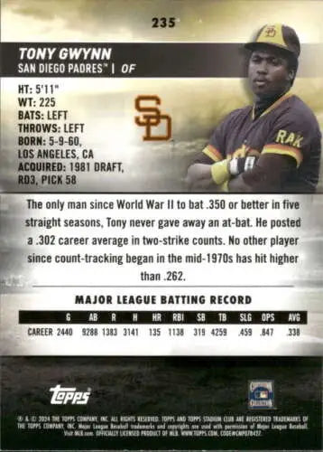 Tony Gwynn baseball card from 2024 Topps Stadium Club featuring original gloss design