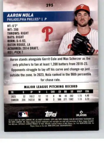 Aaron Nola baseball card from 2024 Topps Stadium Club in NM-MT condition