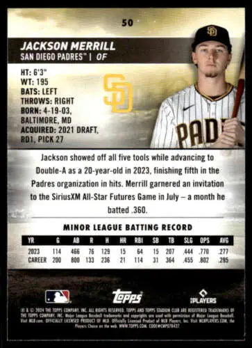 2024 Topps Stadium Club #50 Jackson Merrill NM-MT RC Rookie Padres original gloss card