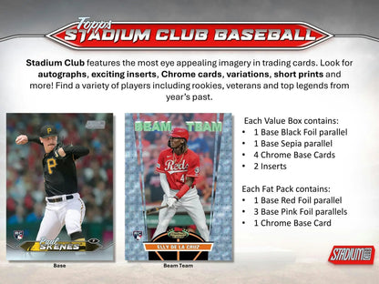 Advertisement for 2024 Topps Stadium Club Baseball featuring base cards and black foil parallel