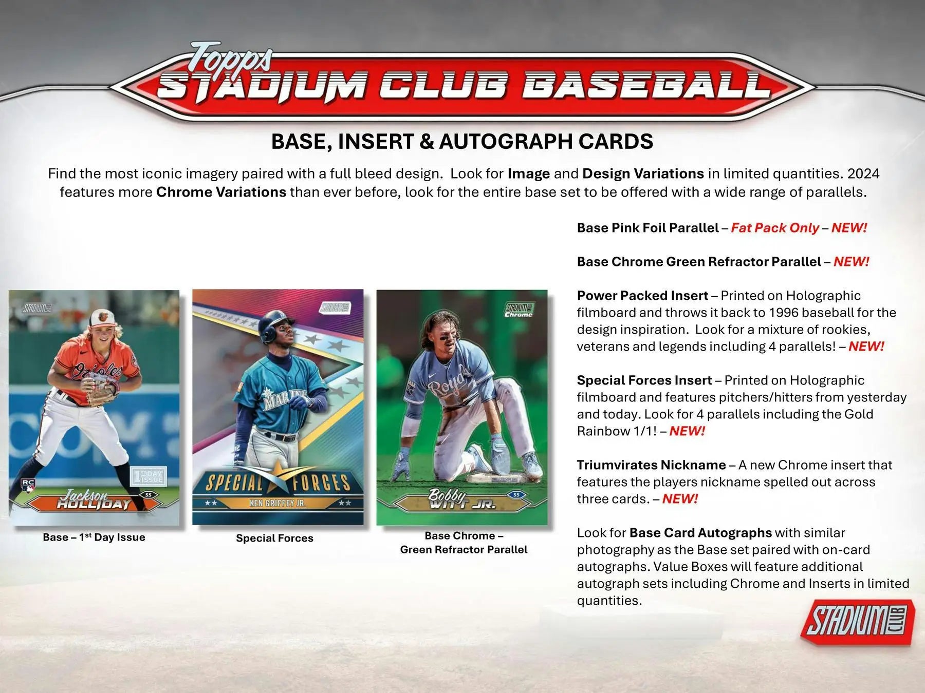 Topps Stadium Club Baseball card advertisement featuring striking green and red base black foil designs