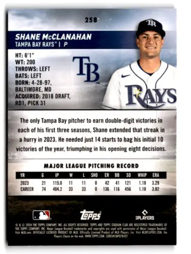 Baseball card of Shane McClanahan in Tampa Bay Rays uniform from Topps Stadium Club Red