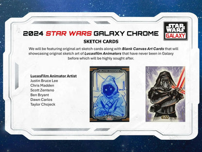 Product announcement card for 2024 Star Wars Chrome Galaxy with original art and refractor parallel