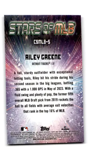 Baseball card back of 2024 Topps Stars of MLB Chrome Riley Greene original gloss