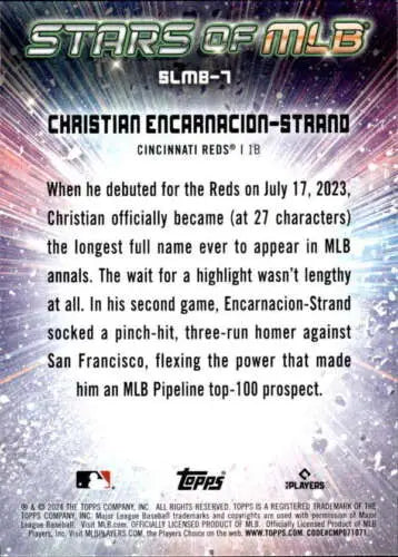 Baseball card back of 2024 Topps Stars of MLB Christian Encarnacion-Sandoval Reds