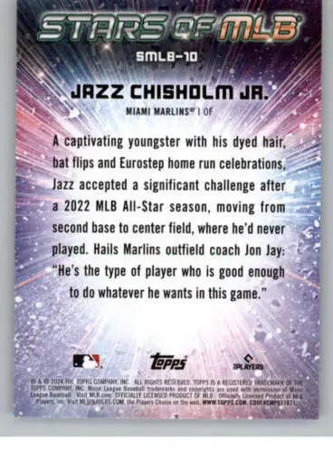 Baseball card back of 2024 Topps Stars Jazz Chisholm Jr. with original gloss finish