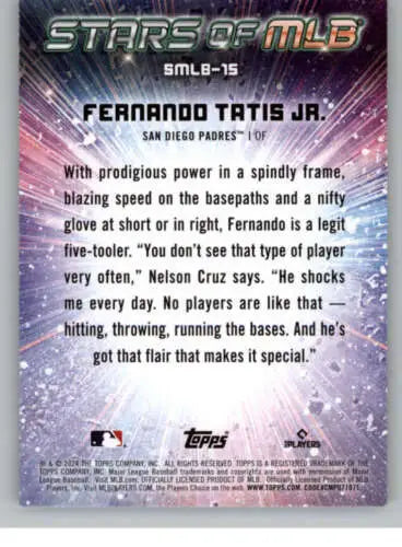 Back of 2024 Topps Stars MLB #SMLB-15 Fernando Tatis Jr. card featuring original gloss