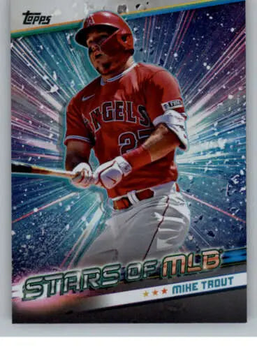 Topps Stars of MLB Mike Trout Angels card in original gloss, player at bat in red uniform