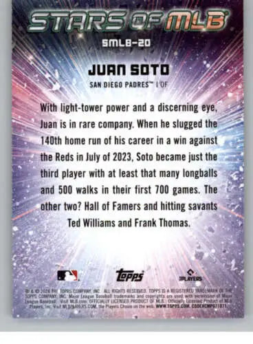 Juan Soto baseball card from 2024 Topps Stars, featuring original gloss finish