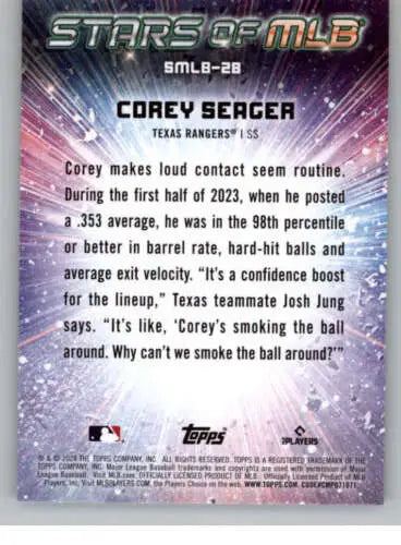 Baseball card back of 2024 Topps Stars Corey Seager NM-MT Rangers with original gloss