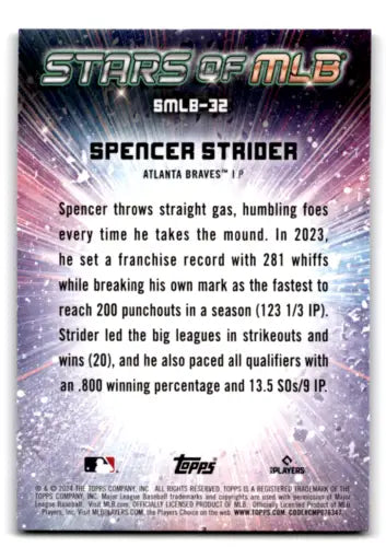 Baseball card back of 2024 Topps Stars Spencer Strider with original gloss finish