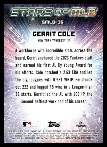 Gerrit Cole baseball card from 2024 Topps Stars with original gloss for Yankees fans