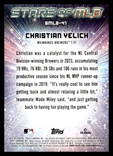 Baseball card back of 2024 Topps Stars Christian Yelich with original gloss for Brewers