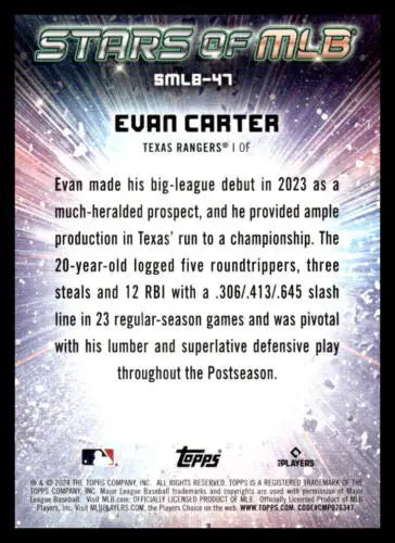 Baseball card back of 2024 Topps Stars Evan Carter NM-MT Rangers with original gloss