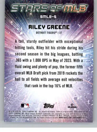 Back of 2024 Topps Stars of MLB #SMLB-5 Riley Greene card showcasing original gloss