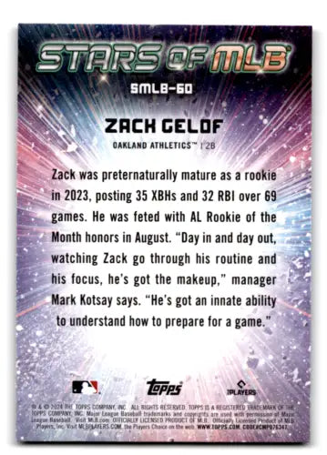 Baseball card back of 2024 Topps Stars Zack Gelof with original gloss MLB Athletics