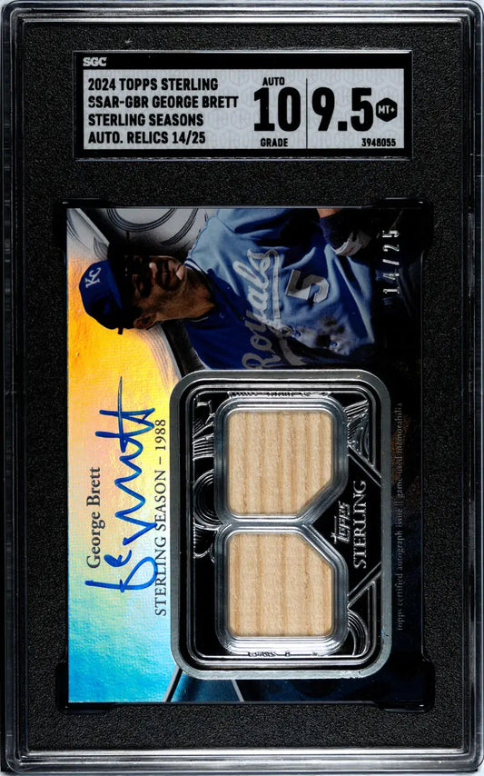 Graded George Brett baseball card with autograph and bat relics in black holder