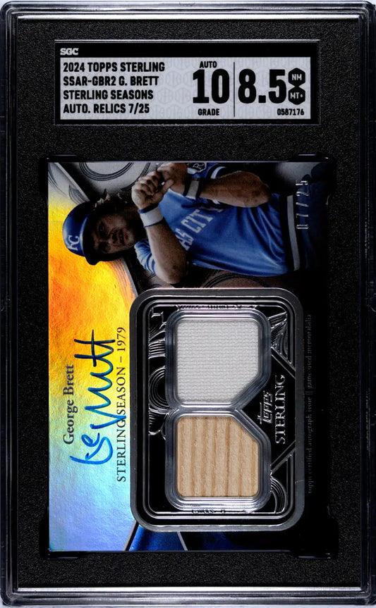 Baseball trading card of George Brett with game-used jersey and bat in protective case